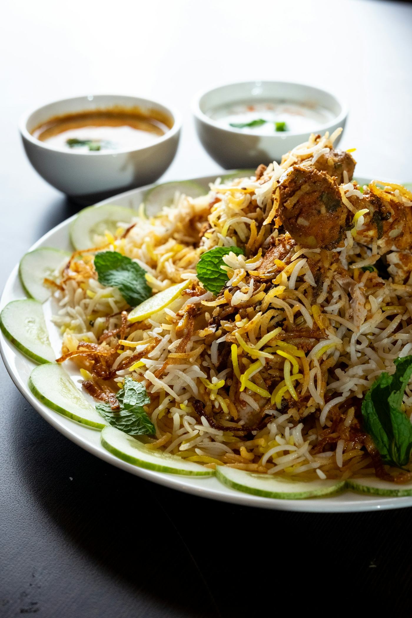 Chicken biryani with mint and cucumber