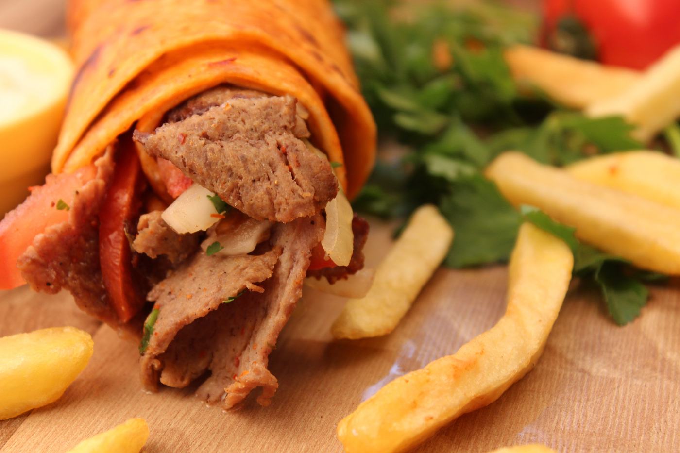 Doner wrap with fries at East Pizzeria
